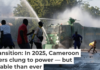 Protesters run as Cameroonian security forces use water cannons to disperse them during the country’s latest election, whose integrity was widely challenged. AP Photo/Welba Yamo Pascal